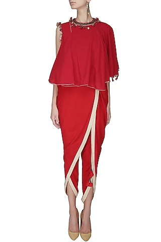 Red Embroidered Asymmetrical Layered Top with Overlap Dhoti Pants by Nikasha