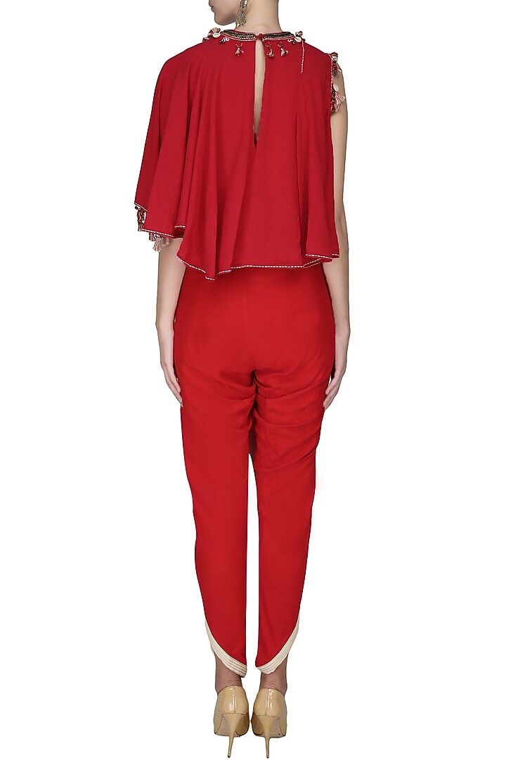 Red embroidered asymmetrical layered top with overlap dhoti pants available only at Pernia's Pop Up Shop.