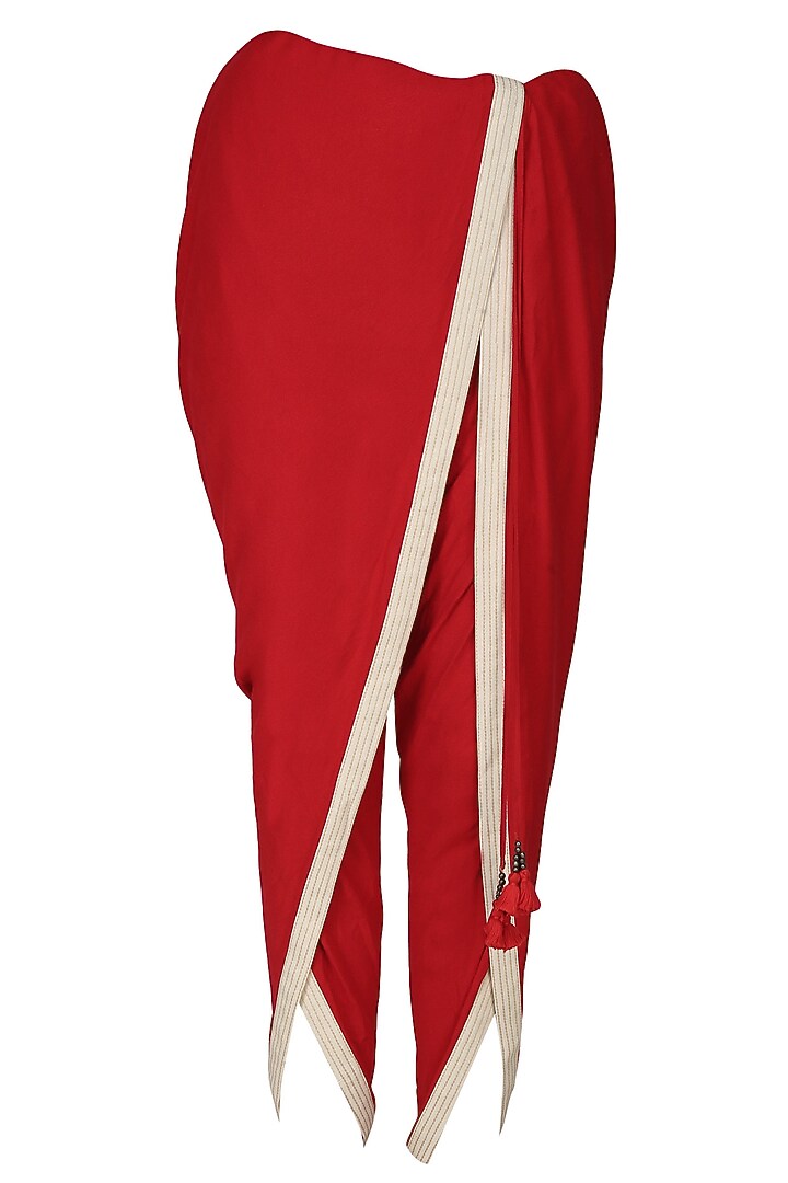 Red embroidered asymmetrical layered top with overlap dhoti pants available only at Pernia's Pop Up Shop.