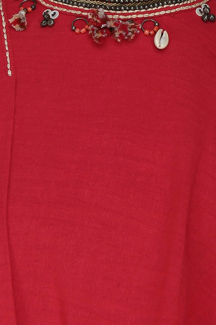 Red embroidered asymmetrical layered top with overlap dhoti pants available only at Pernia's Pop Up Shop.