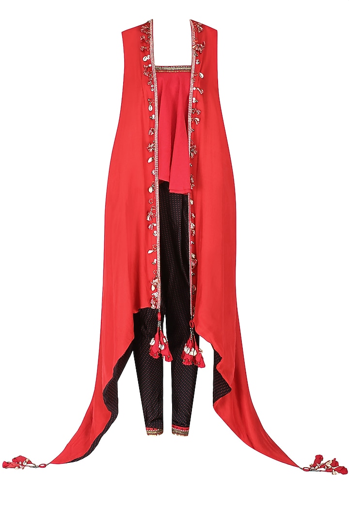 Red embroidered kali tube top with black overjacket and printed jodhpuri pants available only at Pernia's Pop Up Shop.