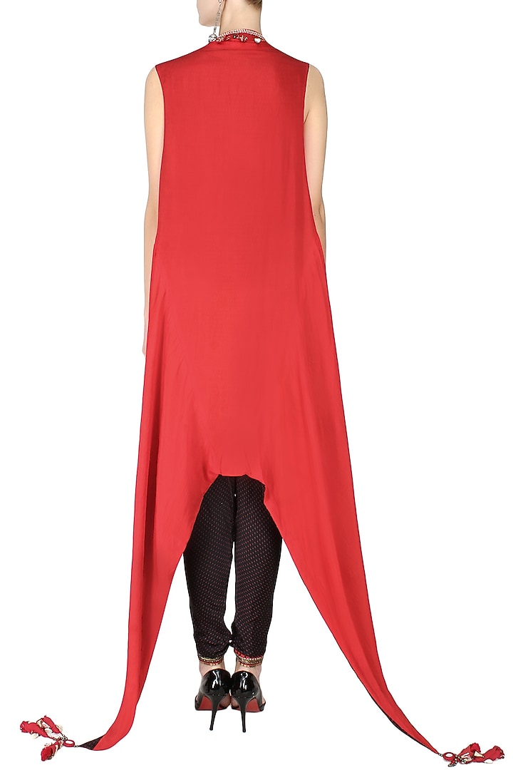 Red embroidered kali tube top with black overjacket and printed jodhpuri pants available only at Pernia's Pop Up Shop.