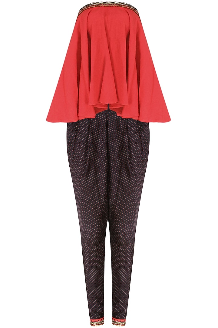 Red embroidered kali tube top with black overjacket and printed jodhpuri pants available only at Pernia's Pop Up Shop.