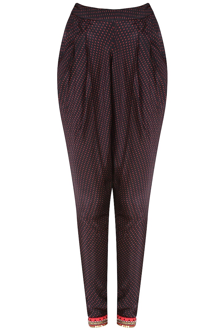 Red embroidered kali tube top with black overjacket and printed jodhpuri pants available only at Pernia's Pop Up Shop.