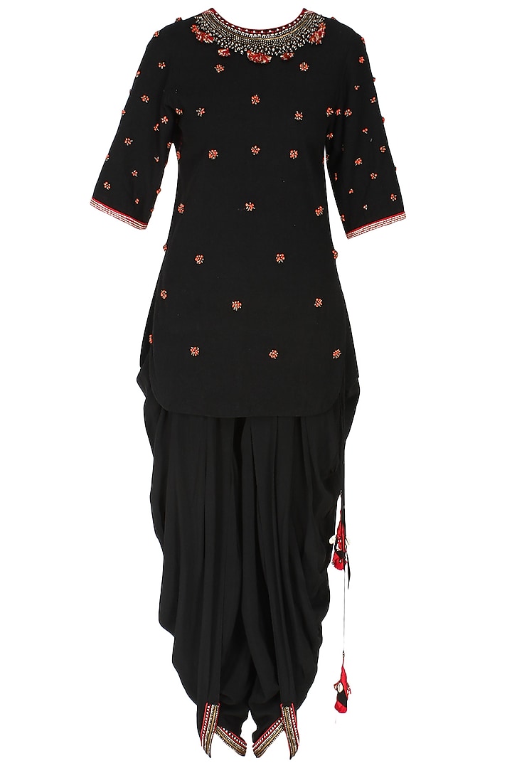 Black peppercorn embroidered backless kurta with jodhpuri pants available only at Pernia's Pop Up Shop.