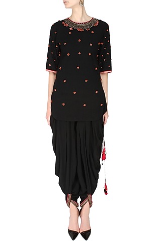 Black Peppercorn Embroidered Backless Kurta with Jodhpuri Pants by Nikasha