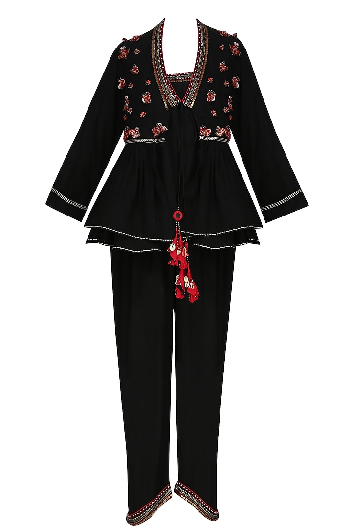 Black jumpsuit with black embroidered flared jacket available only at Pernia's Pop Up Shop.