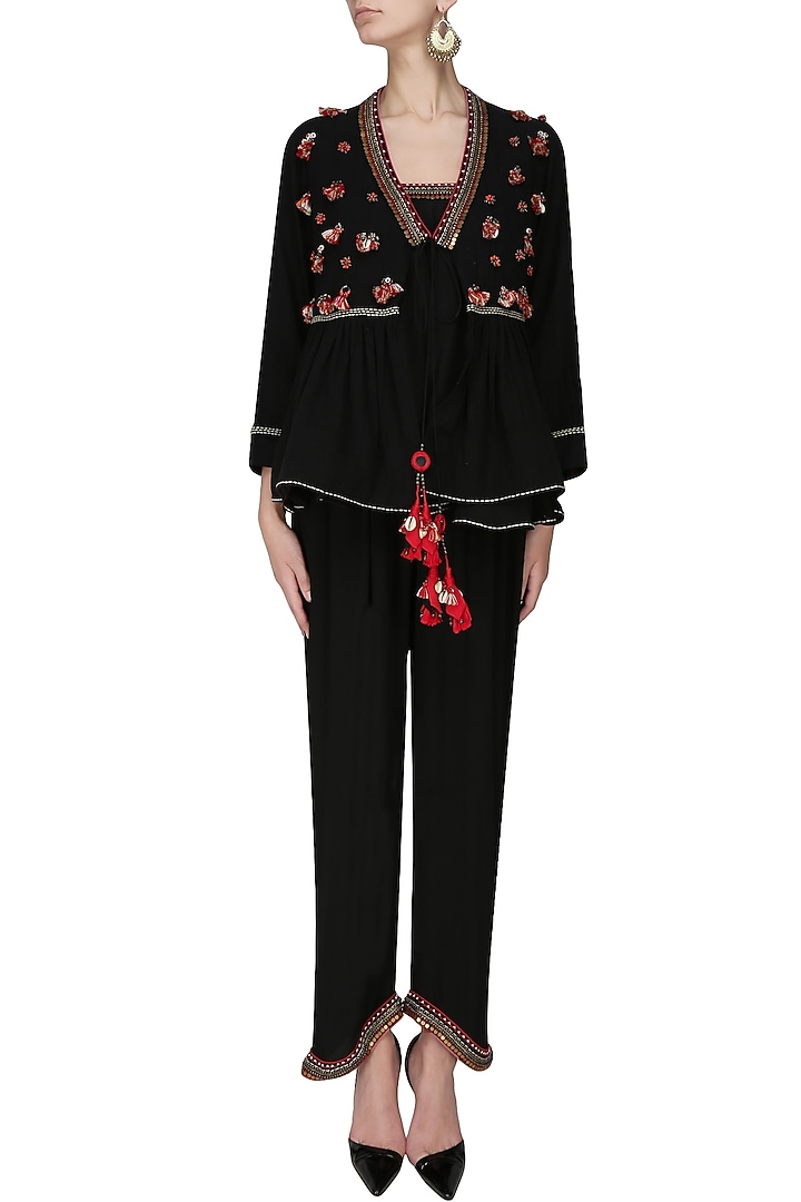 Black jumpsuit with black embroidered flared jacket available only at Pernia's Pop Up Shop.