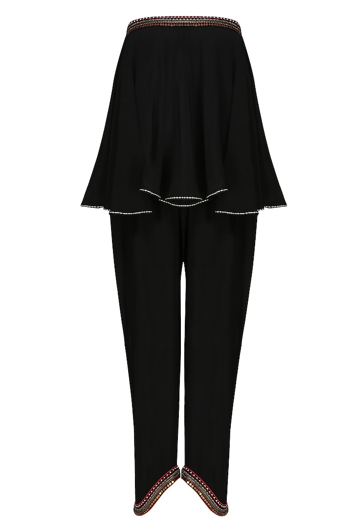 Black jumpsuit with black embroidered flared jacket available only at Pernia's Pop Up Shop.