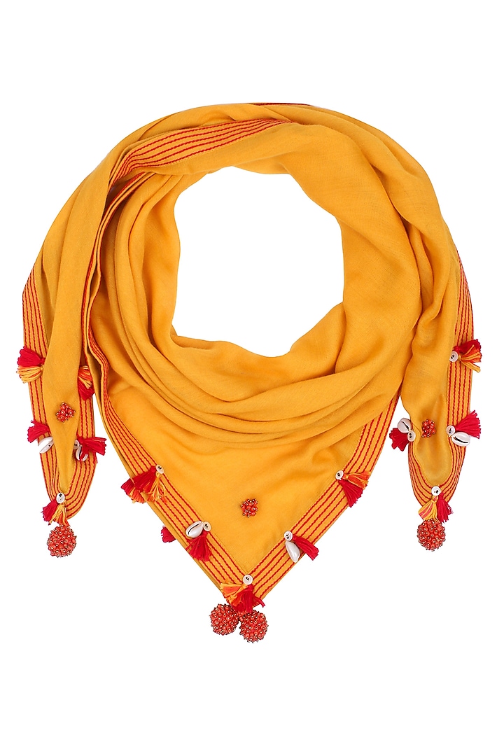 Mustard Yellow Fringes and Shell Hanging Scarf by Nikasha