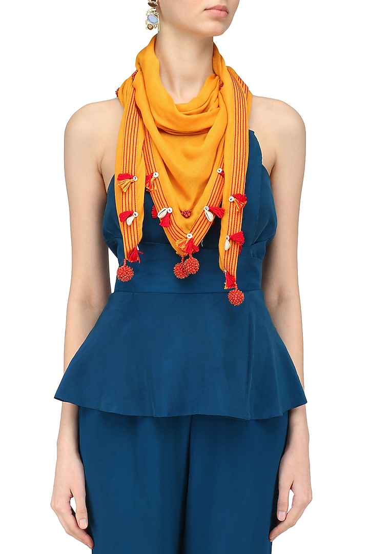 Nikasha presents Mustard yellow fringes and shell hanging scarf available only at Pernia's Pop Up Shop.