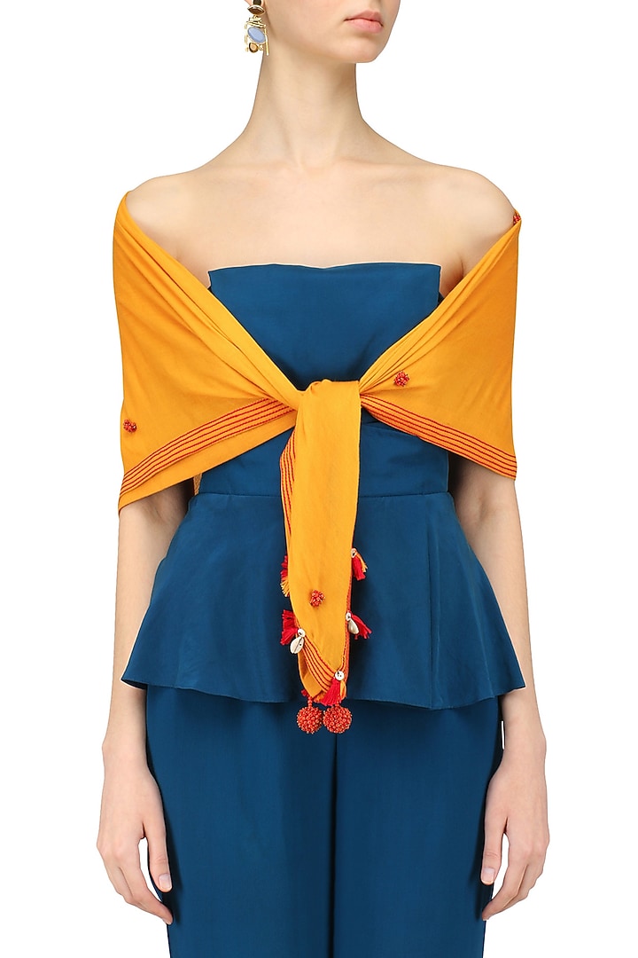 Nikasha presents Mustard yellow fringes and shell hanging scarf available only at Pernia's Pop Up Shop.