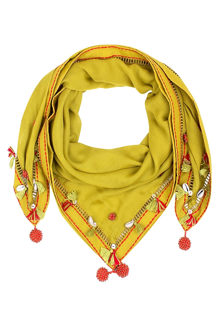 Nikasha presents Olive green fringes and shell hanging scarf available only at Pernia's Pop Up Shop.