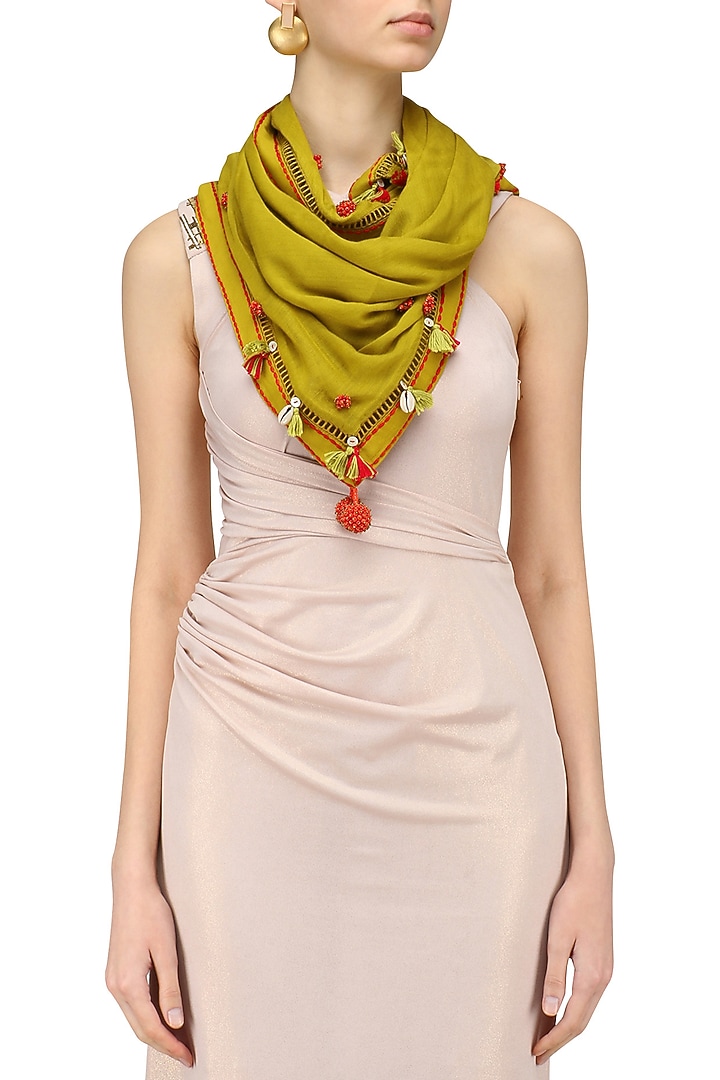 Nikasha presents Olive green fringes and shell hanging scarf available only at Pernia's Pop Up Shop.