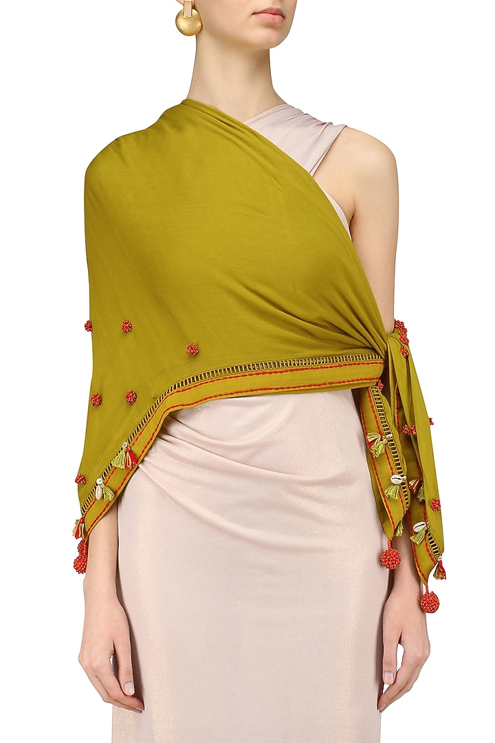 Nikasha presents Olive green fringes and shell hanging scarf available only at Pernia's Pop Up Shop.