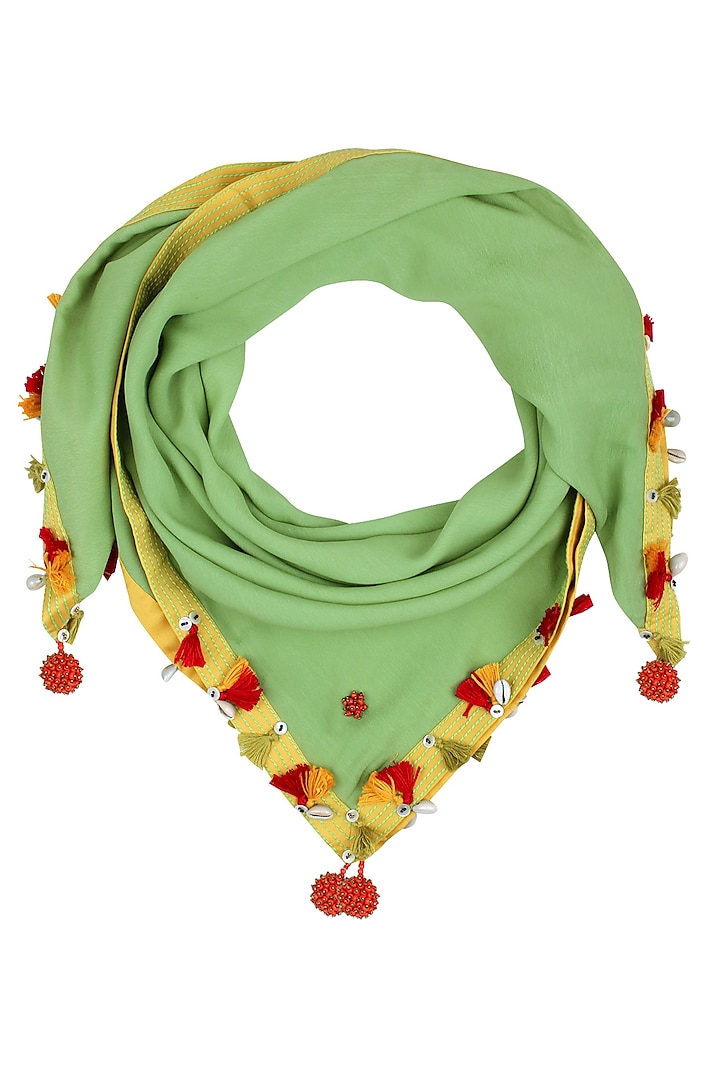 Green Fringes and Shell Hanging Scarf by Nikasha