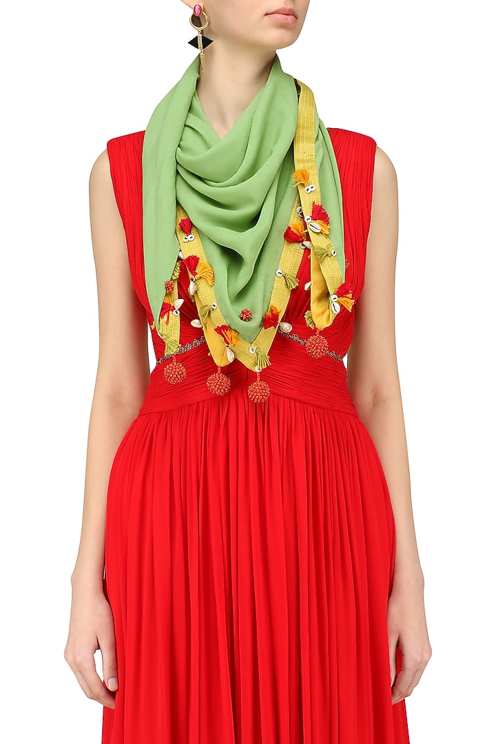 Nikasha presents Green fringes and shell hanging scarf available only at Pernia's Pop Up Shop.