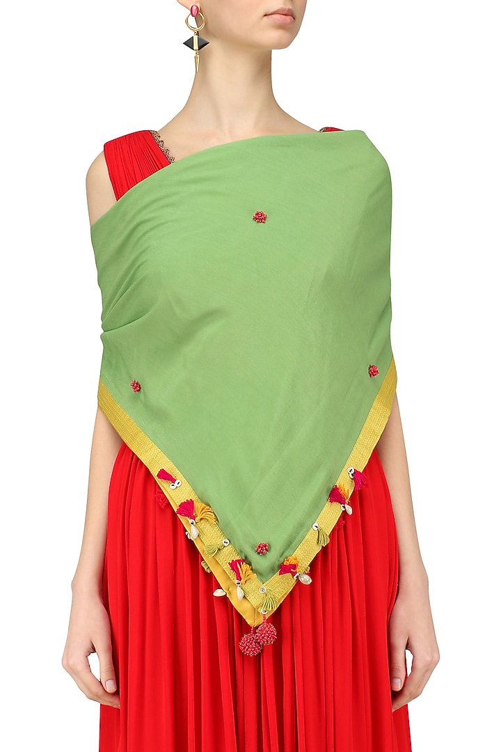 Nikasha presents Green fringes and shell hanging scarf available only at Pernia's Pop Up Shop.