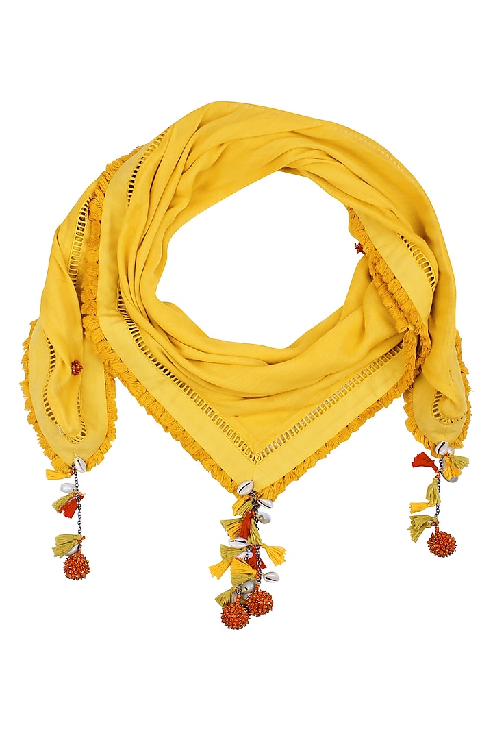 Yellow Fringes and Shell Hanging Scarf by Nikasha