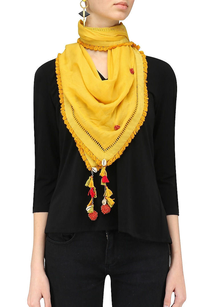 Nikasha presents Yellow fringes and shell hanging scarf available only at Pernia's Pop Up Shop.