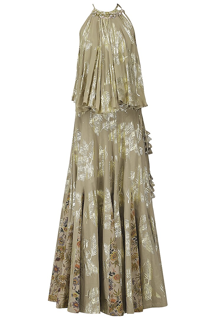 Grey Palm Leaf Foil Print and Hand Painted Lehenga with Flared Embroidered Top by Nikasha