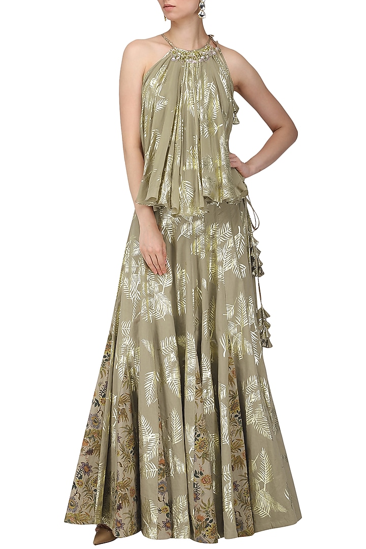 Grey palm leaf foil print and hand painted lehenga with flared embroidered top available only at Pernia's Pop Up Shop.