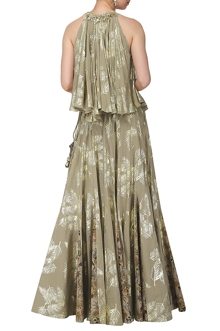 Grey palm leaf foil print and hand painted lehenga with flared embroidered top available only at Pernia's Pop Up Shop.