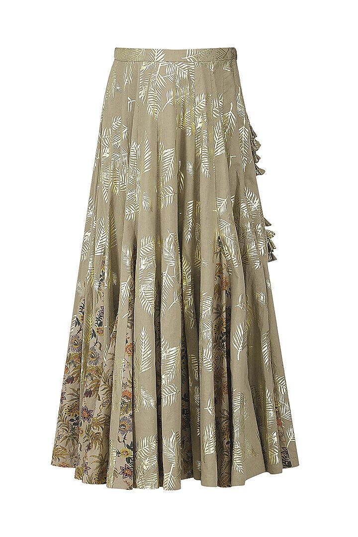 Grey palm leaf foil print and hand painted lehenga with flared embroidered top available only at Pernia's Pop Up Shop.