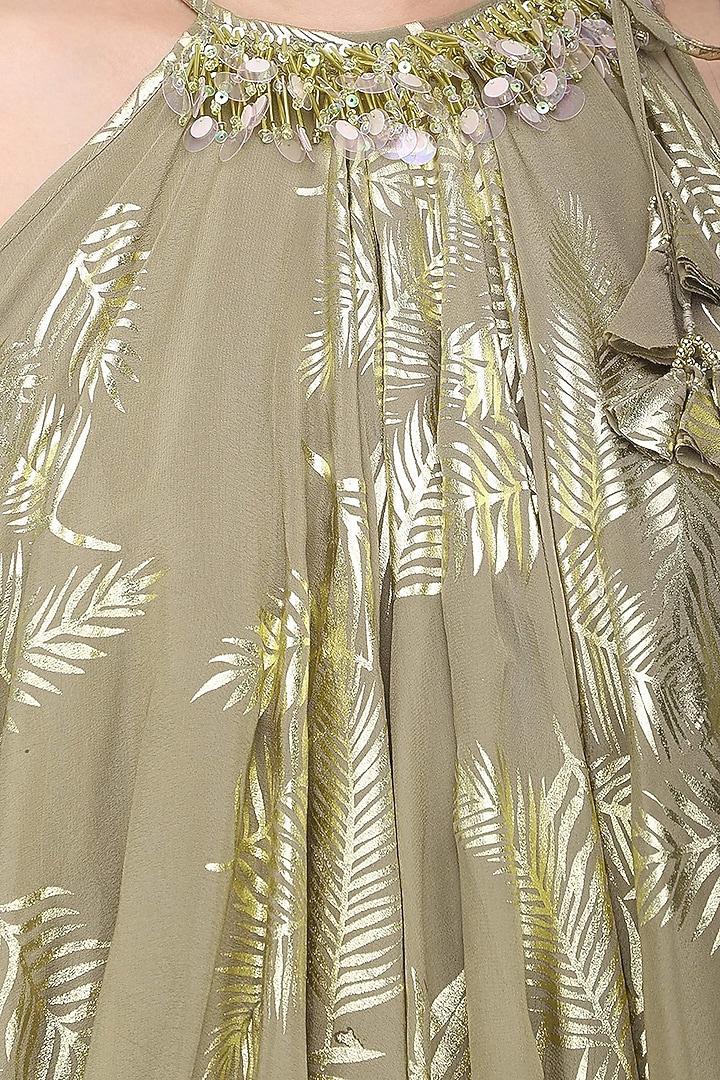 Grey palm leaf foil print and hand painted lehenga with flared embroidered top available only at Pernia's Pop Up Shop.