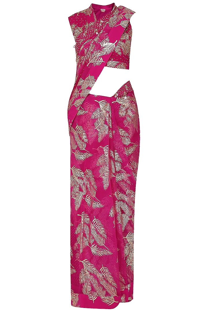 Jamuni Pink Georgette Palm Leaf Foil Printed Saree Set by Nikasha
