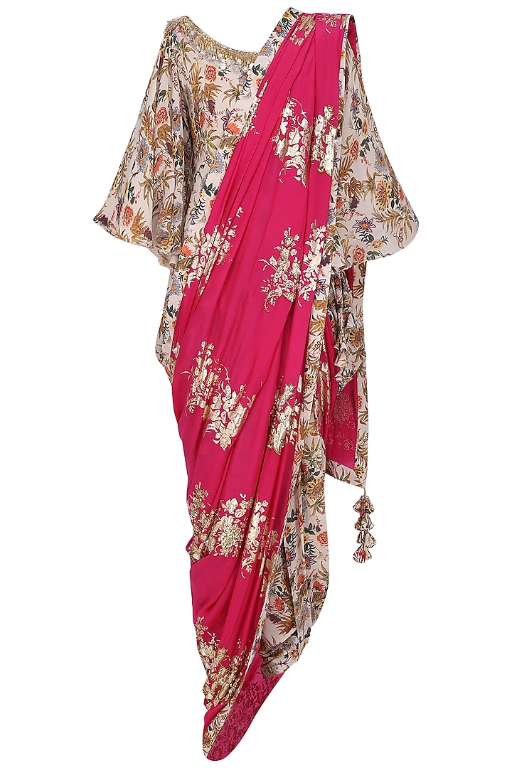 Ivory Floral Hand Painted Blouse and Dhoti Pants with Jamun Pink Embroidered Dupatta by Nikasha