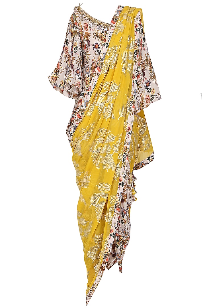 Ivory Floral Hand Painted Blouse and Dhoti Pants with Yellow Embroidered Dupatta by Nikasha