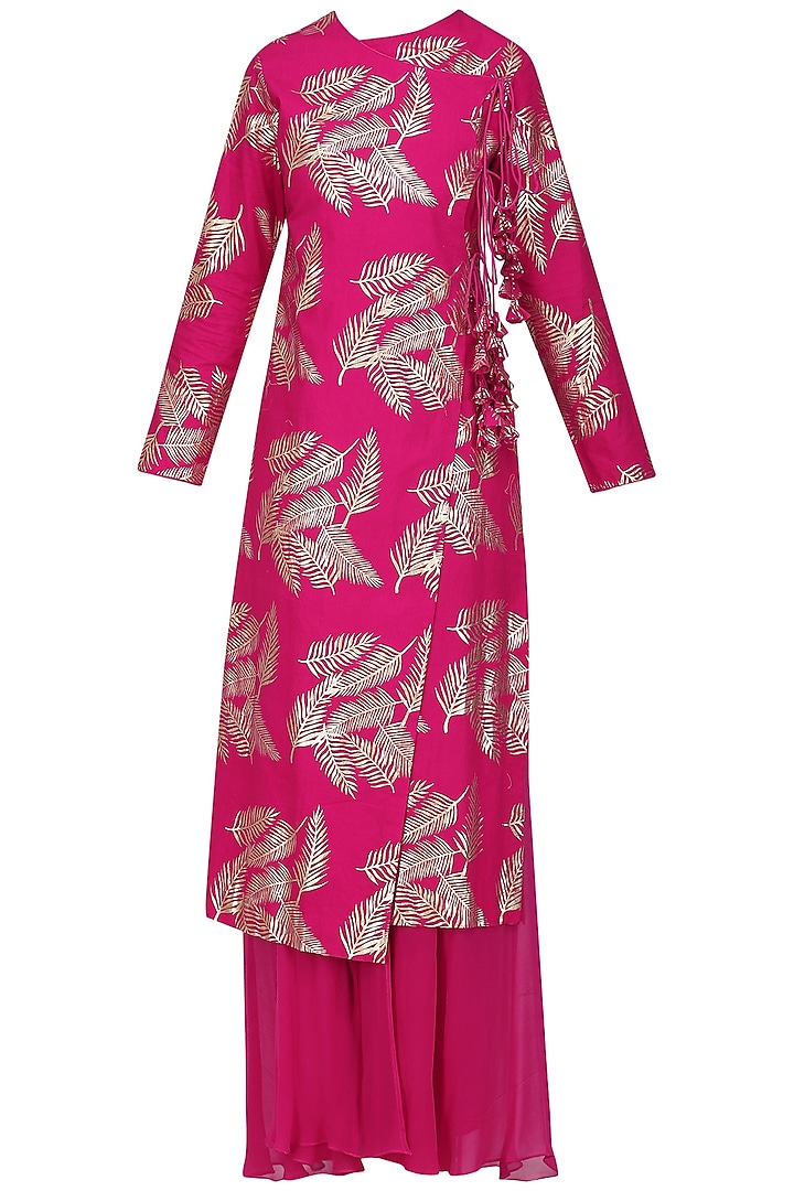 Jamun Pink Foil Printed Angrakha Style Kurta with Sharara Pants Set by Nikasha