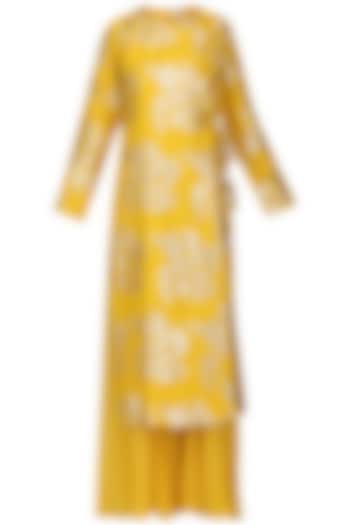 Yellow Foil Printed Angrakha Style Kurta with Sharara Pants Set by Nikasha
