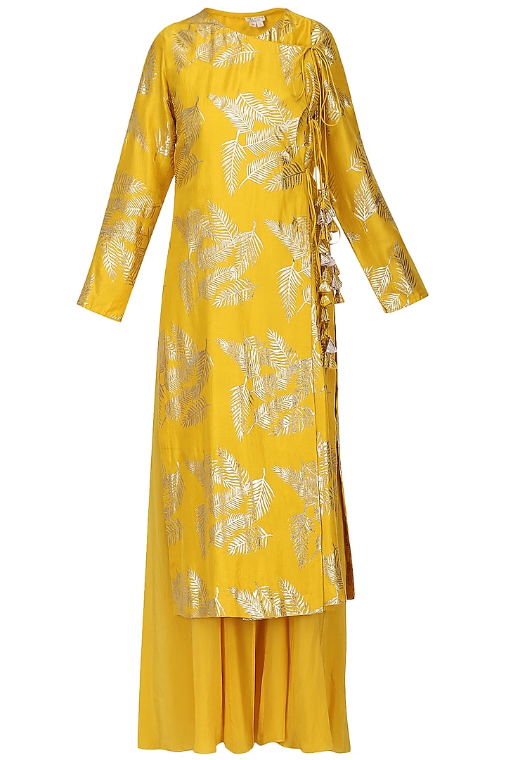 Yellow Foil Printed Angrakha Style Kurta with Sharara Pants Set by Nikasha