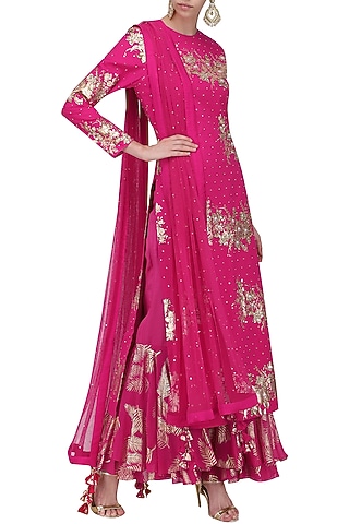 Jamun Pink Foil Printed and Embroidered Kurta with Sharara Pants Set by Nikasha