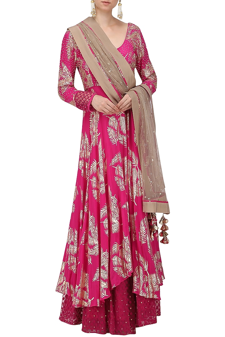 Jamun pink foil printed anarkali with sharara pants set available only at Pernia's Pop Up Shop.
