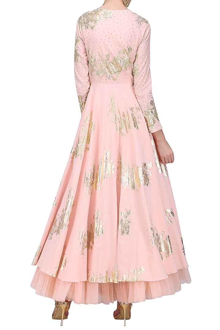 Salmon pink foil printed angrakha style anarkali with churidar pants set available only at Pernia's Pop Up Shop.