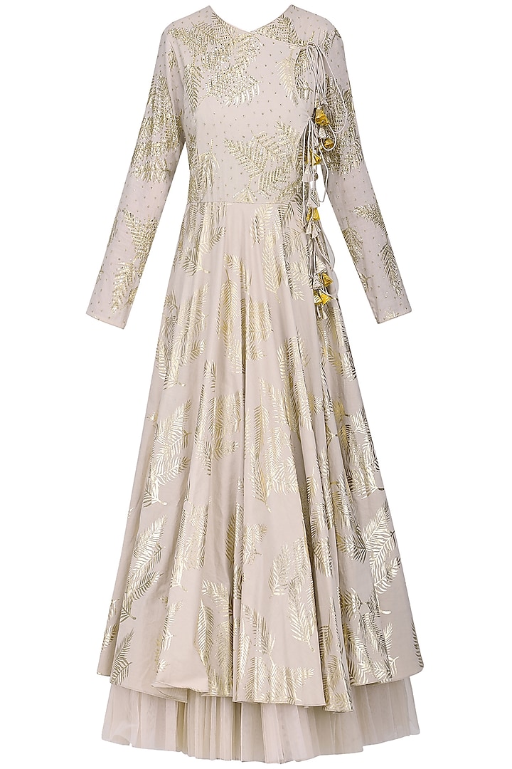 Ivory Foil Printed Angrakha Style Anarkali with Churidar Pants Set by Nikasha