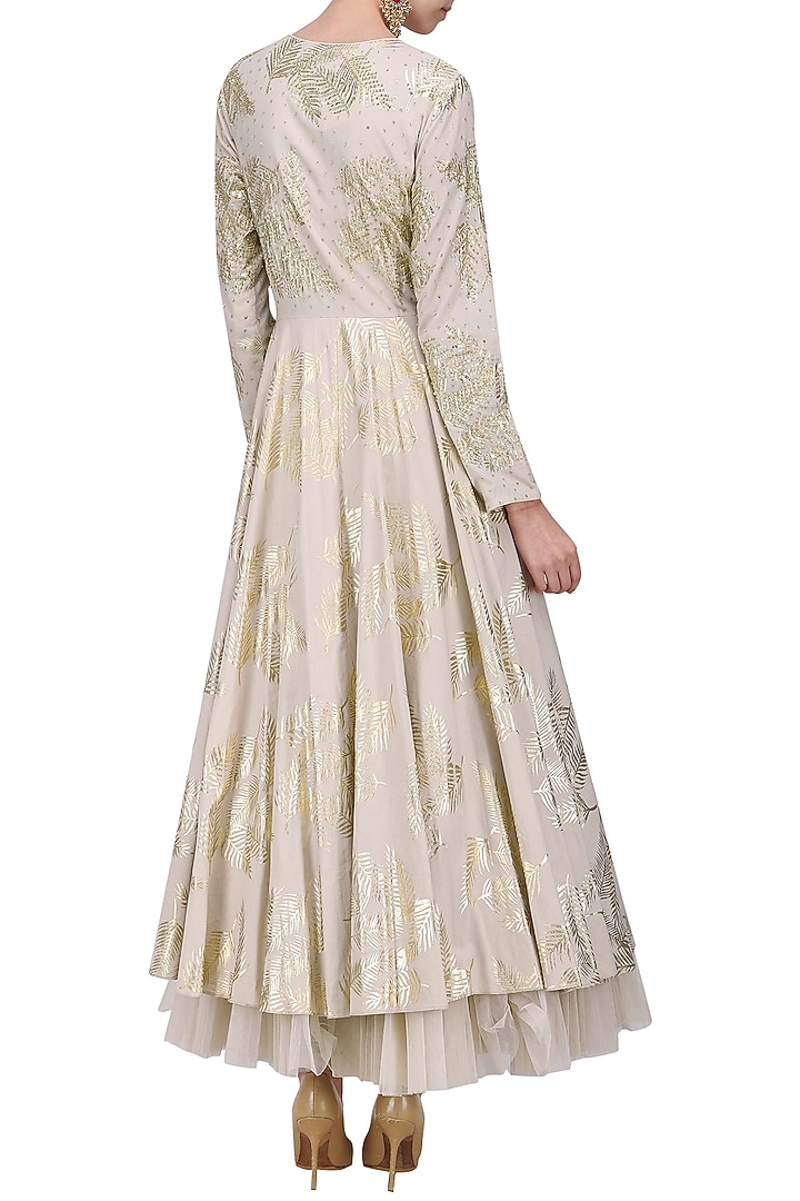Ivory foil printed angrakha style anarkali with churidar pants set available only at Pernia's Pop Up Shop.