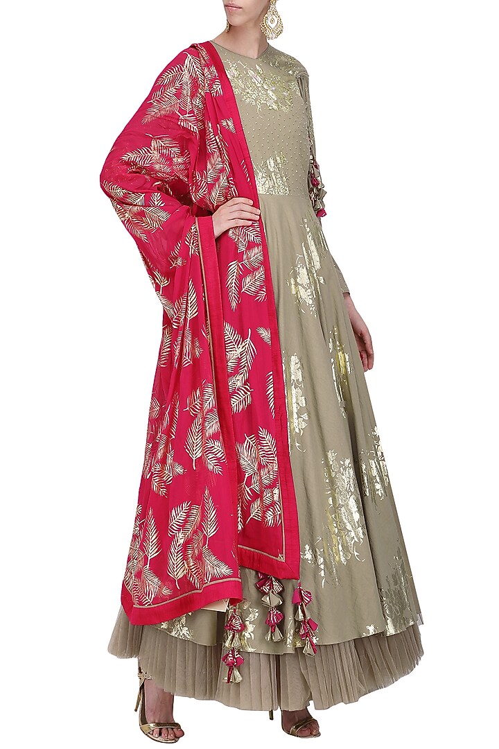 Grey foil printed angrakha style anarkali with churidar pants set available only at Pernia's Pop Up Shop.