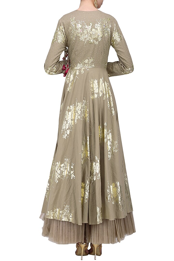 Grey foil printed angrakha style anarkali with churidar pants set available only at Pernia's Pop Up Shop.