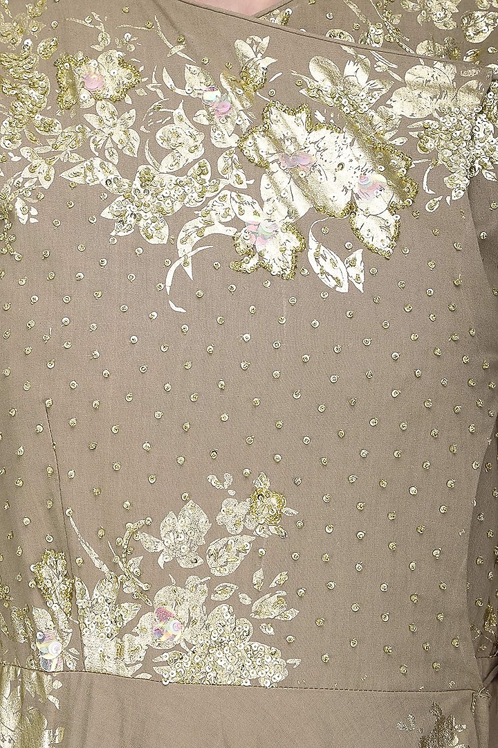 Grey foil printed angrakha style anarkali with churidar pants set available only at Pernia's Pop Up Shop.