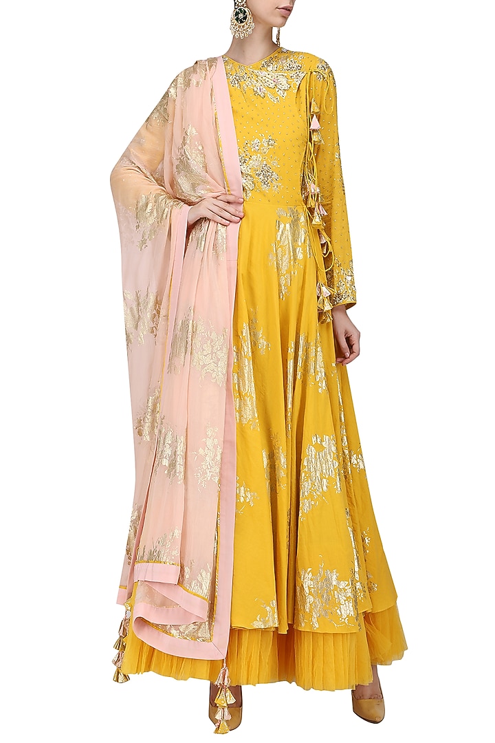 Yellow foil printed angrakha style anarkali with churidar pants set available only at Pernia's Pop Up Shop.