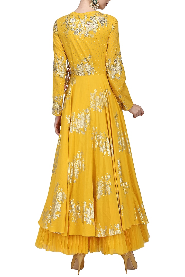 Yellow foil printed angrakha style anarkali with churidar pants set available only at Pernia's Pop Up Shop.