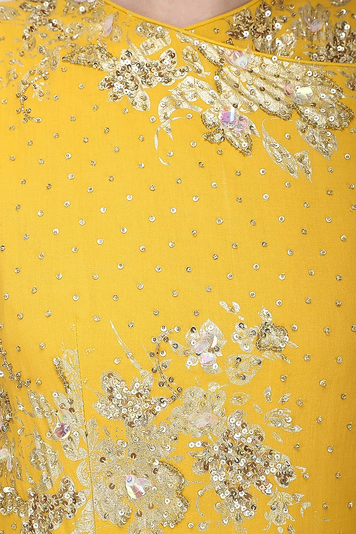 Yellow foil printed angrakha style anarkali with churidar pants set available only at Pernia's Pop Up Shop.