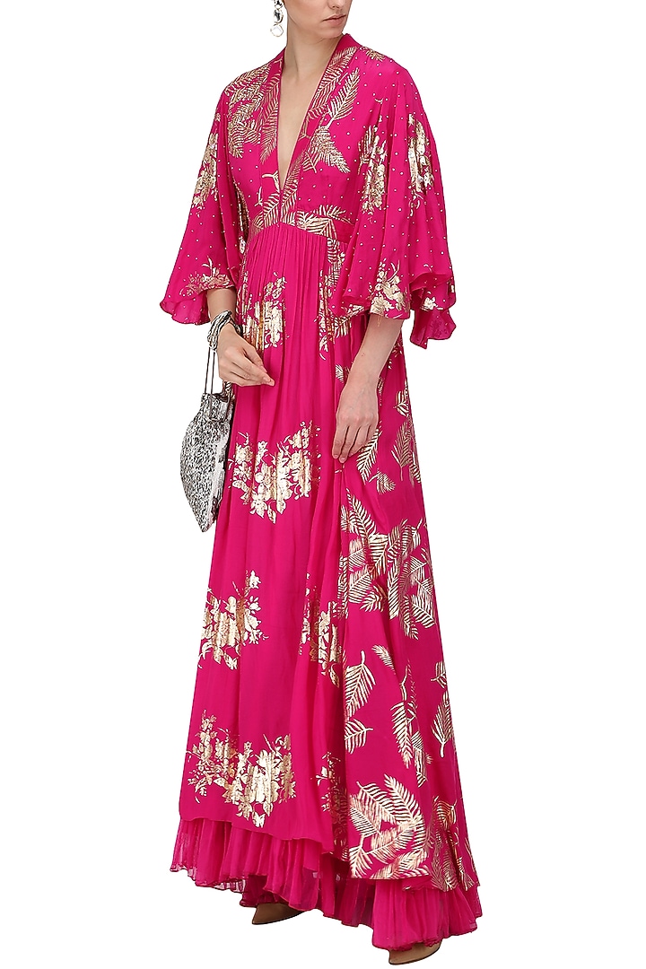 Jamun pink gold foil printed anarkali gown available only at Pernia's Pop Up Shop.