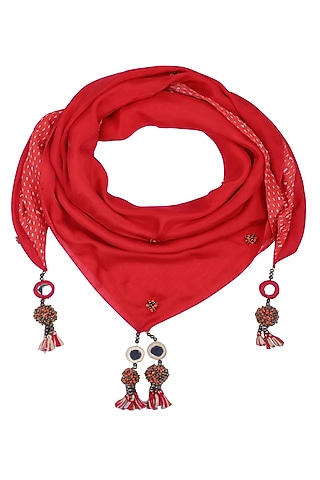 Red Kantha Stitch Print and Peppercorns Tassels Scarf by Nikasha
