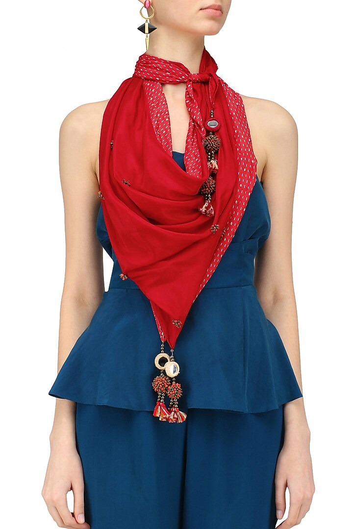 Nikasha presents Red kantha stitch print and peppercorns tassels scarf available only at Pernia's Pop Up Shop.