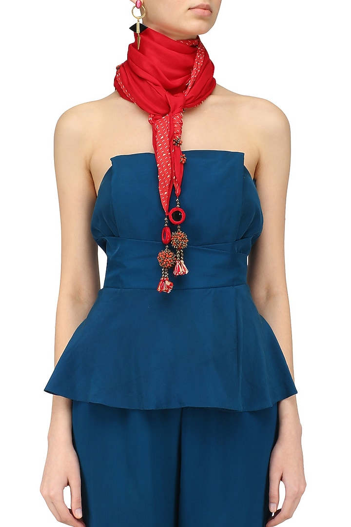 Nikasha presents Red kantha stitch print and peppercorns tassels scarf available only at Pernia's Pop Up Shop.